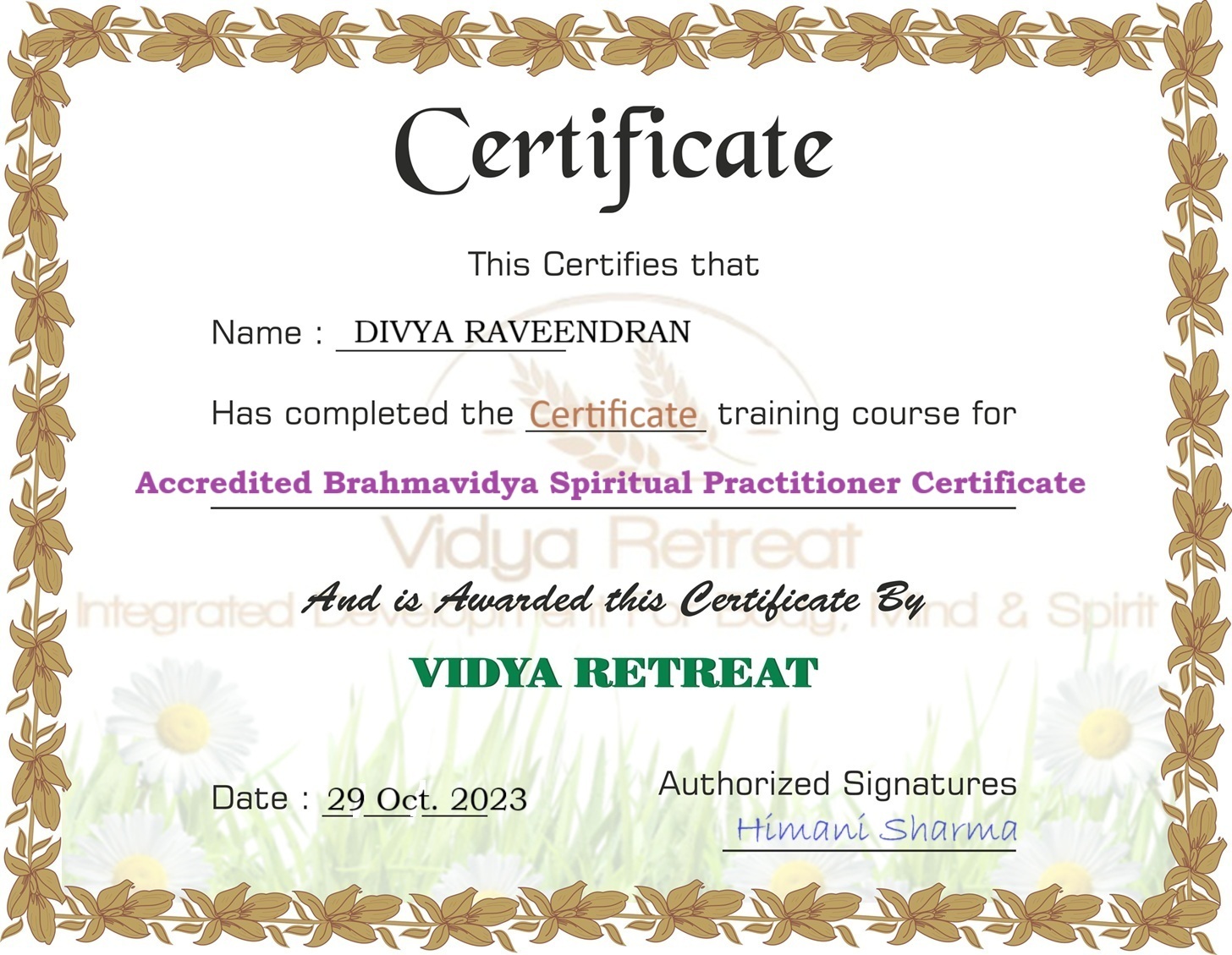 ACCREDITED BRAHMAVIDYA SPIRITUAL PRACTITIONER CERTIFICATE